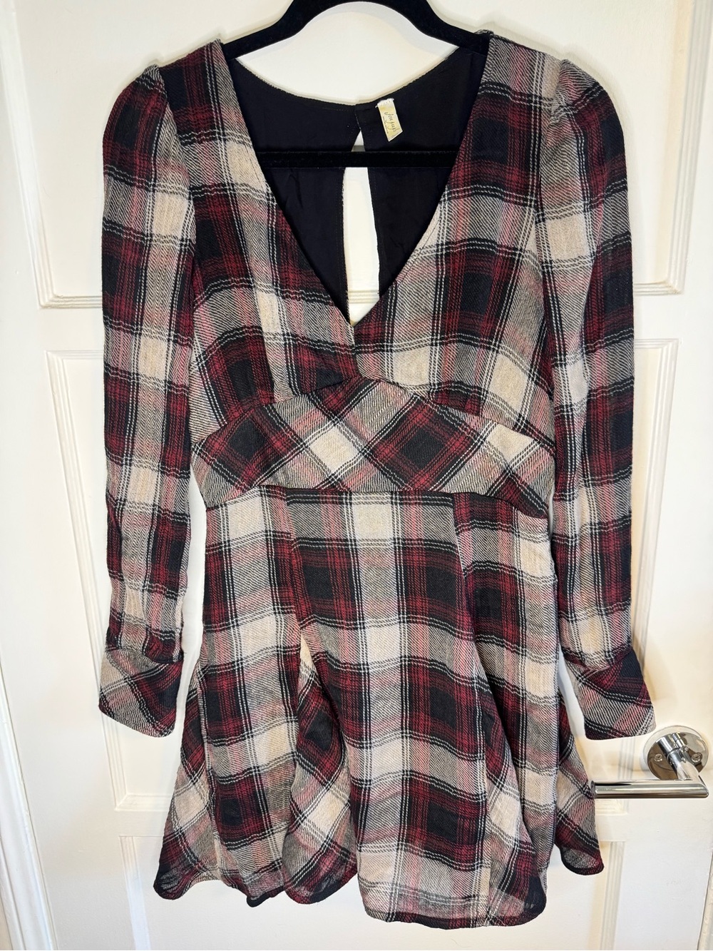Free People Size 6 Plaid Cutout Back Long Sleeve Mini Dress